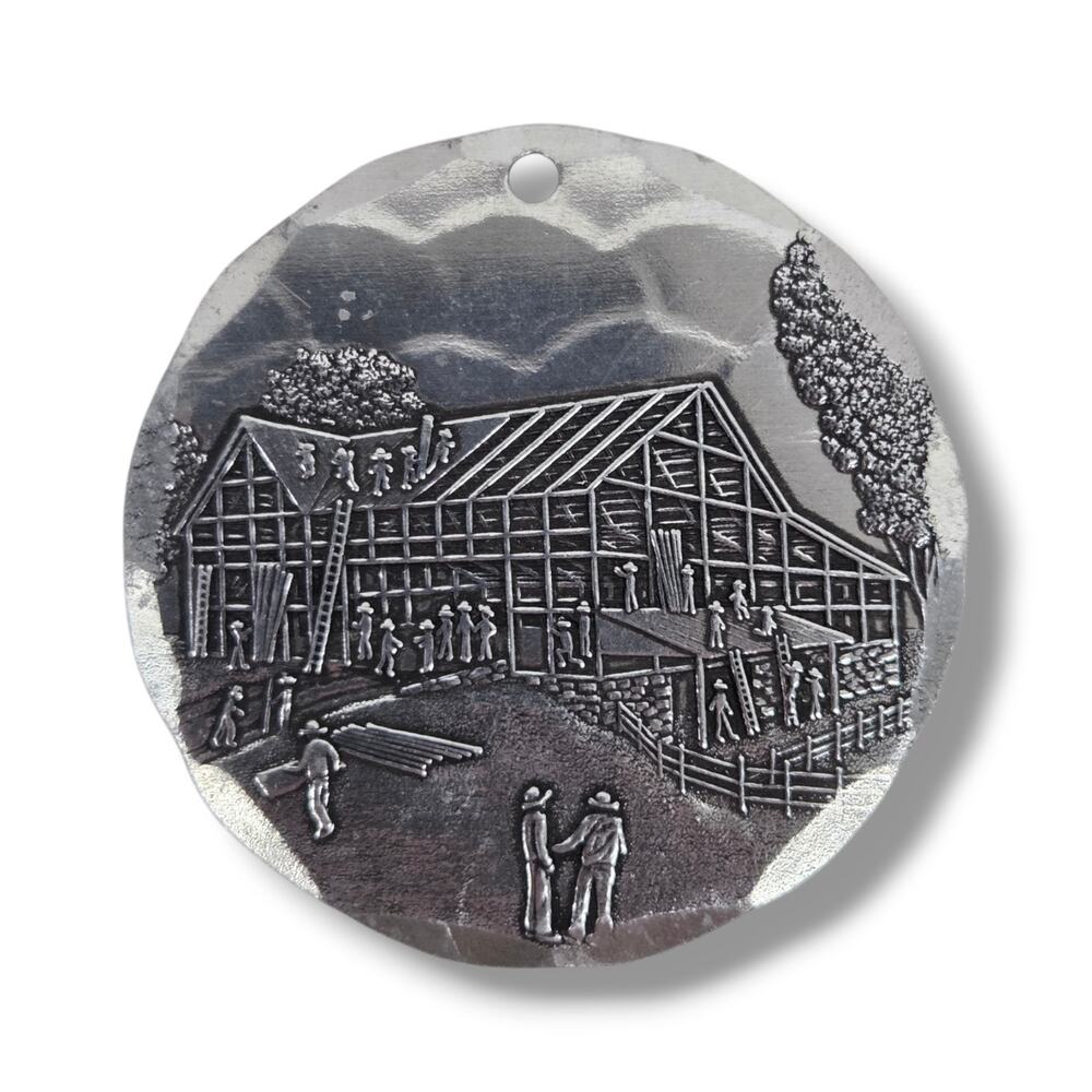 Wendall August Forge USA Aluminum Ornament Amish Barn Raising Silver Tone Decor